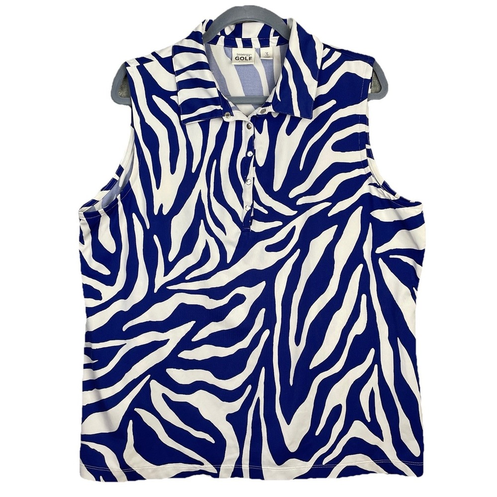 Zenergy Golf by Chico's Top Women's 3 U.S. XL Animal Print White Blue Pickleball